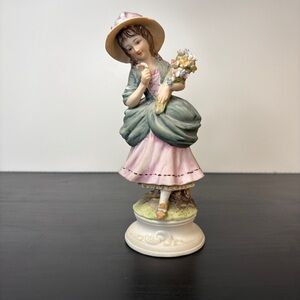 Vintage Lefton Bisque Porcelain Figurine Girl Flowers KW5820 Cottagecore Decor
